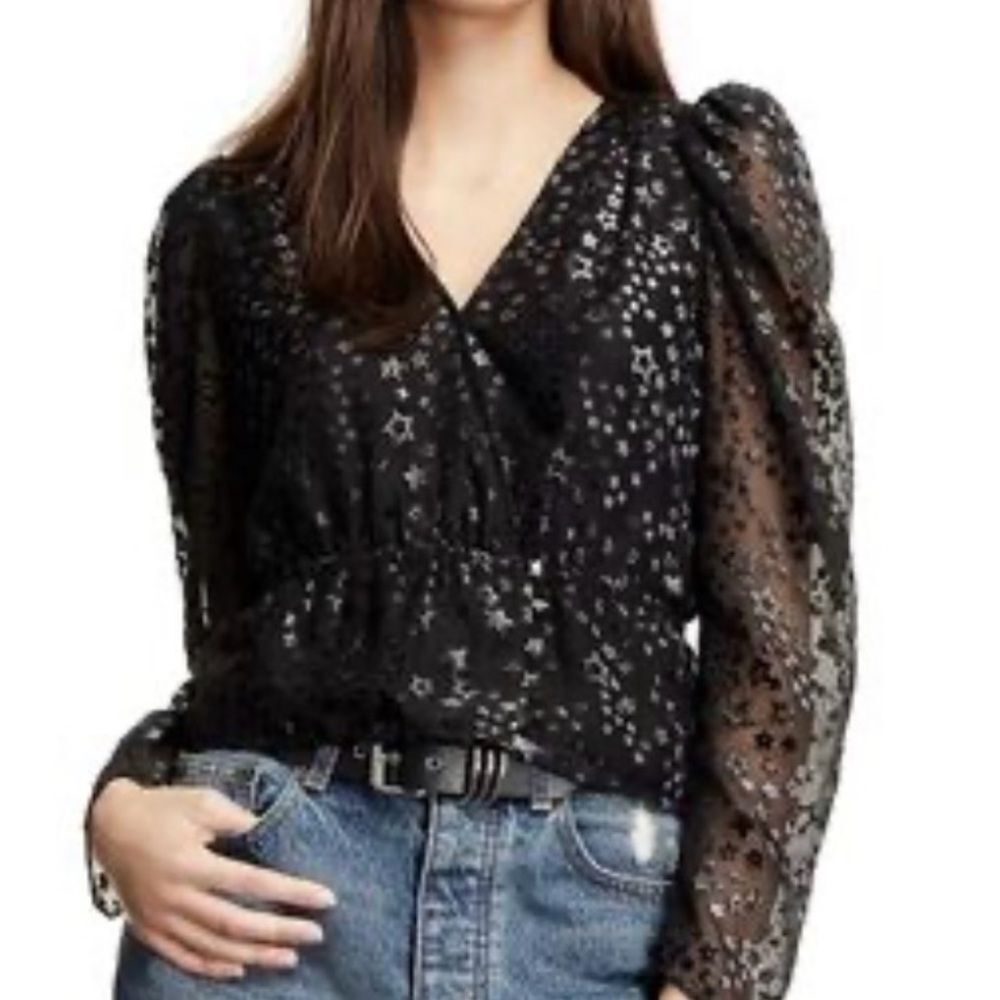 The Kooples Paris Black Sheer Star-Print Puff Sleeve V-Neck Blouse